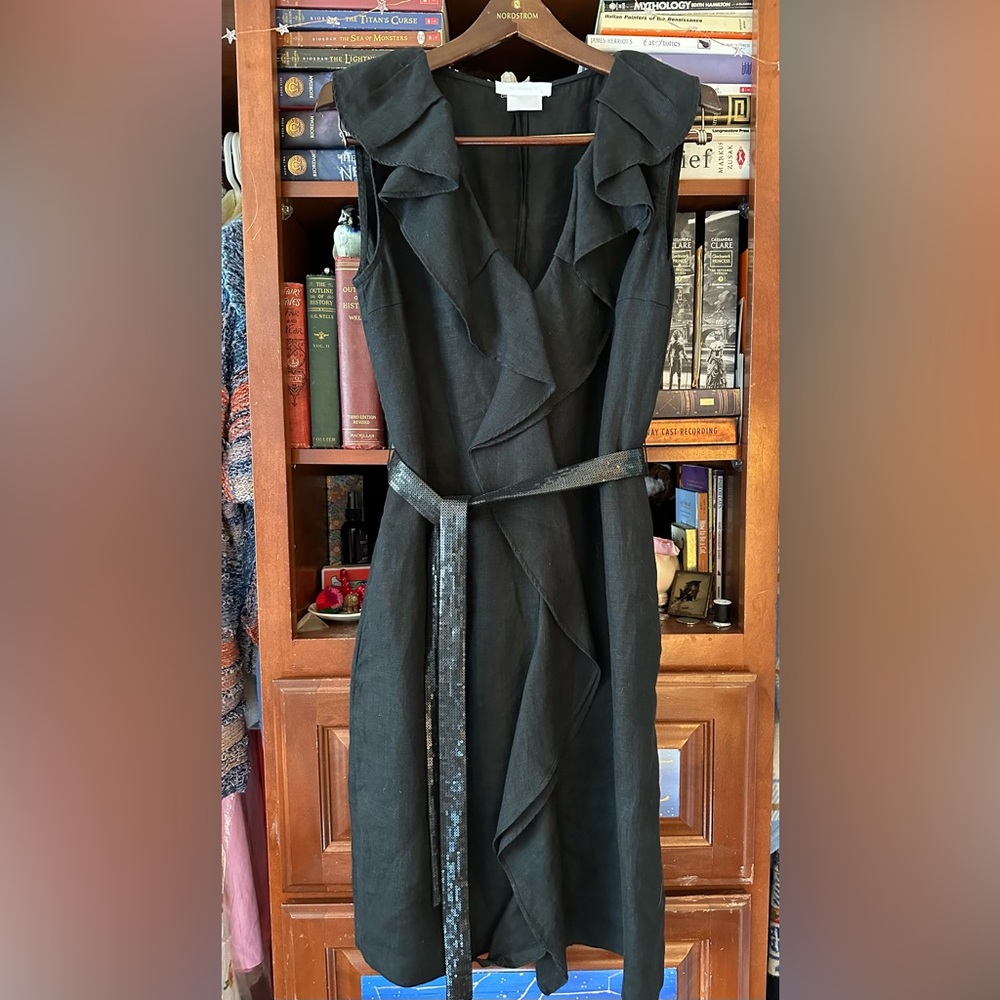 Nicole Farhi Black side zip dress with pockets/ black sequin belt.